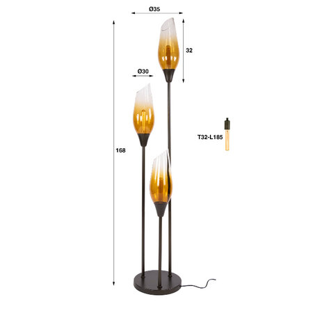 BelaLuz Modern industriële Vloerlamp Mara 3-lichts Sienna brown gold shaded glass