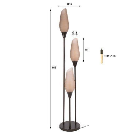 BelaLuz Modern industriële Vloerlamp Phantom 3-lichts Sienna brown frosted glas