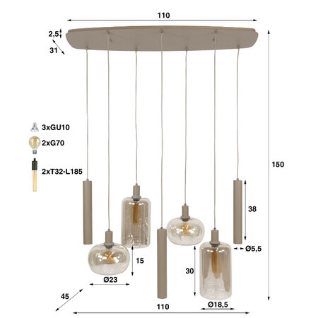 BelaLuz Modern hotel chique hanglamp Iselle 7-lichts beige