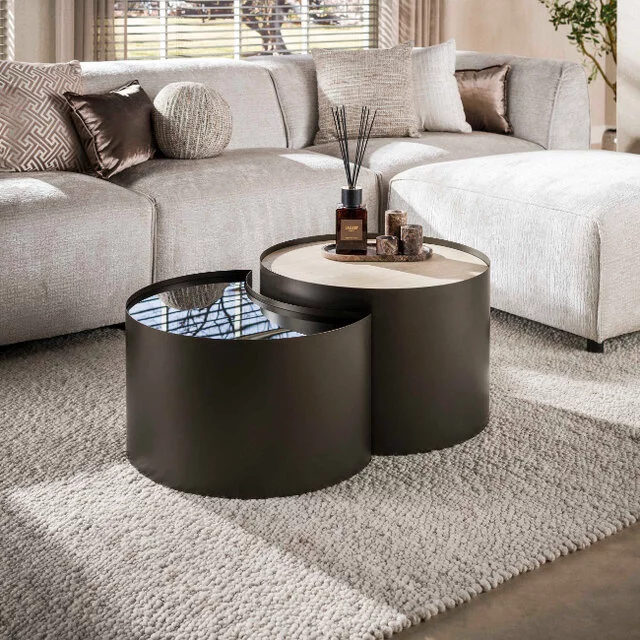 Salontafel Union set van 2 travertin half moon