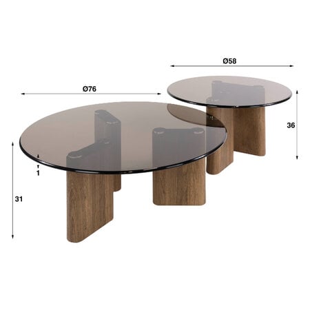 BelaLuz Retro vintage hotel chique salontafel Preto set van 2 rond brons glas