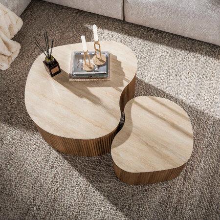 BelaLuz Modern Japandi salontafel Romano shamrock set van 2 travertin organisch