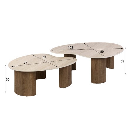 BelaLuz Modern Japandi salontafel Romano set van 2 travertin organisch