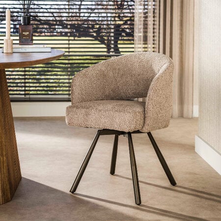 BelaLuz Hotel chique moderne eetkamerstoel Icon bouclé zand met brons onderstel
