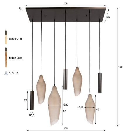 BelaLuz Modern industriële hanglamp Phantom 7-lichts Sienna brown-frosted