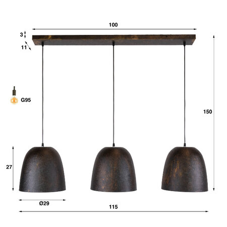 BelaLuz Industriële hanglamp Fume 3-lichts Smoked brown