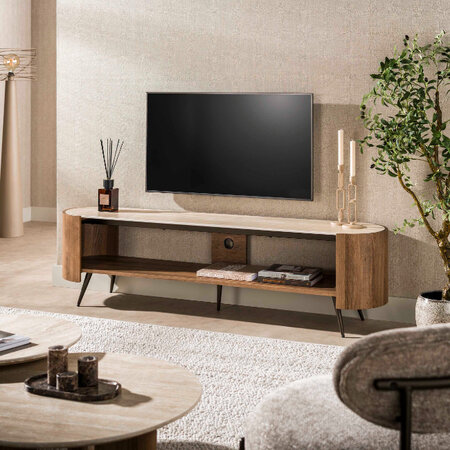 BelaLuz Japandi hotel chique TV-meubel Romano 3D keramiek travertin 180 cm