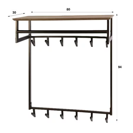 BelaLuz Modern industriële kapstok Peru 12 haken hoedenplank en roede Drift brown