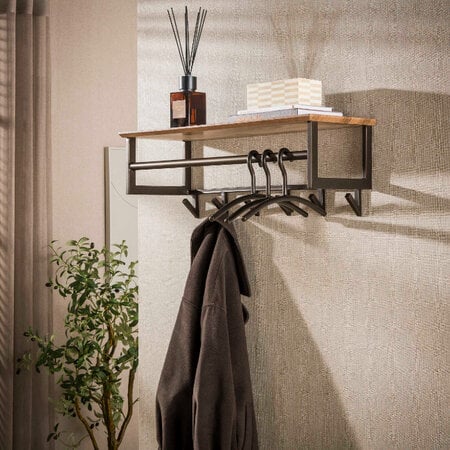 BelaLuz Modern industriële kapstok Peru 6 haken hoedenplank en roede Drift brown