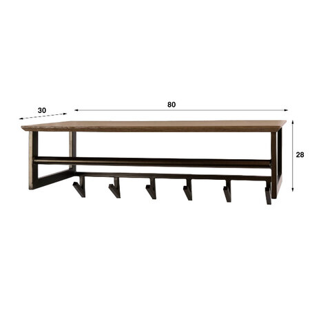 BelaLuz Modern industriële kapstok Peru 6 haken hoedenplank en roede Drift brown