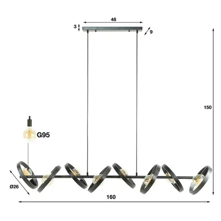 BelaLuz Moderne Industriële hanglamp Hera 8-lichts charcoal