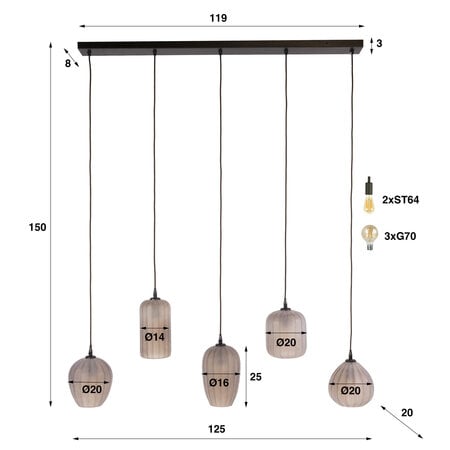 BelaLuz Retro hanglamp Ventura 5-lichts sienna brown frosted