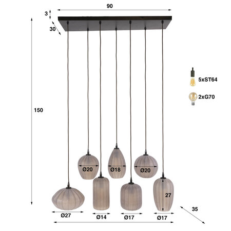 BelaLuz Retro hanglamp Ventura 7-lichts Sienna brown frosted