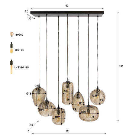 BelaLuz Moderne hanglamp Rondo 7-lichts smoke bruin glas