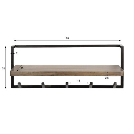 BelaLuz Modern industriële kapstok Como 6 haken Massief acacia bruin