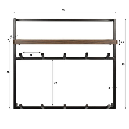 BelaLuz Modern industriële kapstok Como 12 haken Massief acacia bruin