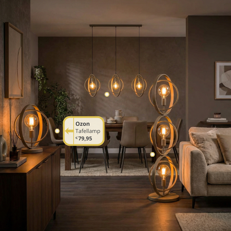 BelaLuz Shop the look Ozon beige lampenset met hanglamp tafellamp en vloerlamp