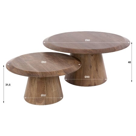 BelaLuz Moderne salontafel Lune set van 2 massief acaciahout bruin