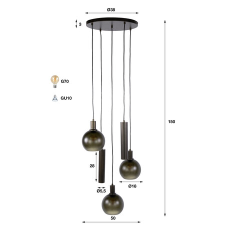 BelaLuz Moderne hanglamp Waze getrapt 5-lichts Sienna brown frosted glas