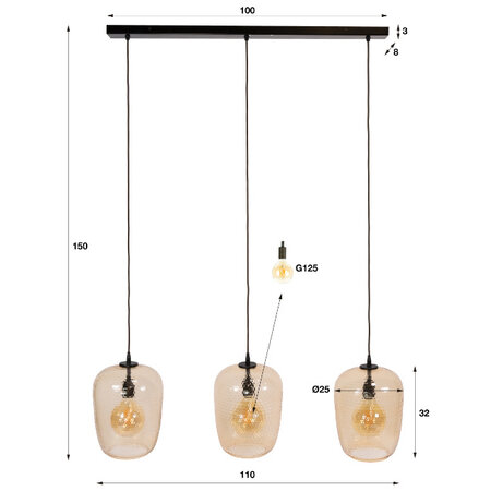 BelaLuz Moderne hanglamp Clasi 3-lichts amber glas