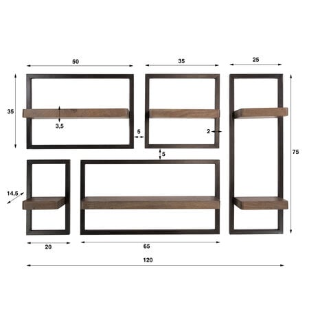 BelaLuz Wandplanken set Carve van 5 stuks massief acaciahout bruin met brons frame