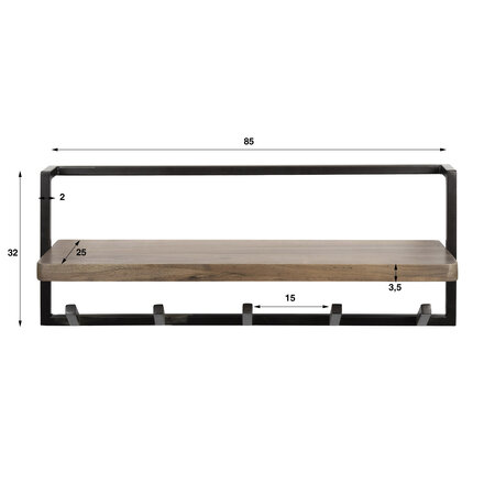 BelaLuz Kapstok Como 6 haken met massief acacia houten hoedeplank bruin