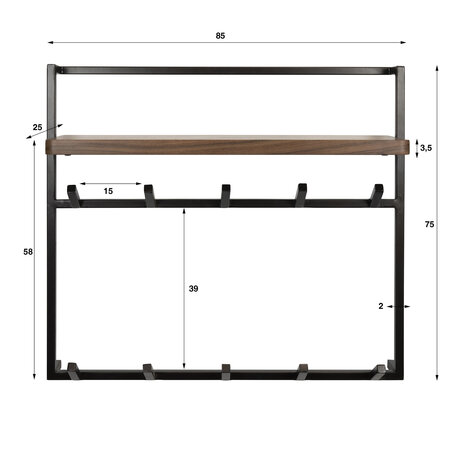 BelaLuz Kapstok Como 12 haken massief acacia houten hoedeplank bruin