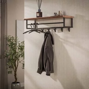 BelaLuz Kapstok Rio 6 haken massief acacia houten hoedeplank bruin en roede