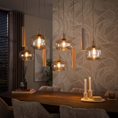 BelaLuz Hanglamp Iselle 9-lichts beige met amber glas