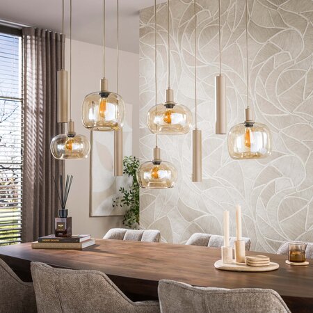 BelaLuz Hanglamp Iselle 9-lichts beige met amber glas