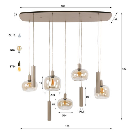 BelaLuz Hanglamp Iselle 9-lichts beige met amber glas