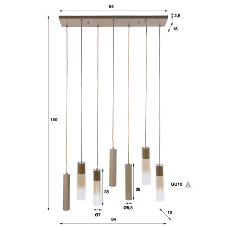 BelaLuz Hanglamp Luce 7-lichts beige met amber glas