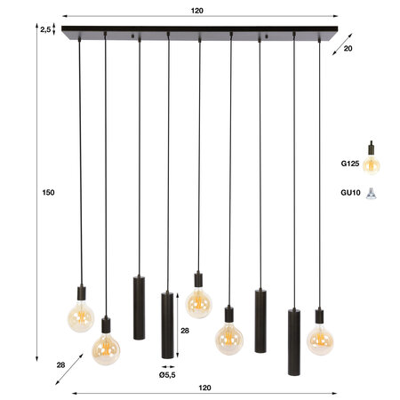 BelaLuz Hanglamp Brisa 9-lichts bruin met kokers