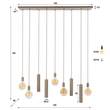 BelaLuz Hanglamp Brisa 9-lichts beige met kokers