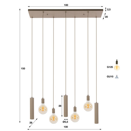 BelaLuz Hanglamp Brisa 7-lichts beige met kokers
