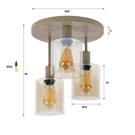 BelaLuz Plafondlamp Calore 3-lichts beige amber glas
