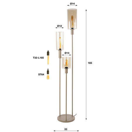 BelaLuz Vloerlamp Calore getrapt 3-lichts beige amber glas