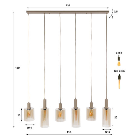 BelaLuz Hanglamp Calore 6-lichts beige met amber glas