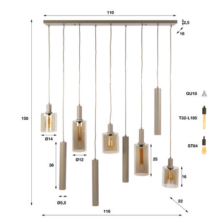 BelaLuz Hanglamp Calore 9-lichts beige amber glas