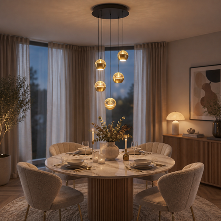Steinhauer Hotel chique hanglamp Belluno 5-lichts getrapt goud en amber glas