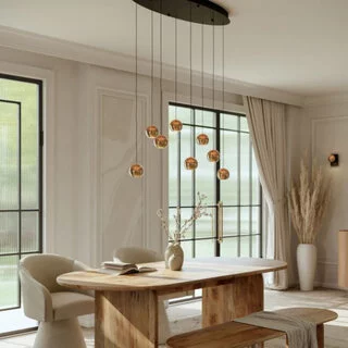 Hanglamp Belluno 8-lichts goud met amber glas