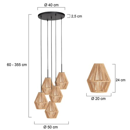 Steinhauer Oosterse hanglamp Ropex 5-lichts getrapt hoog touw bruin-crème
