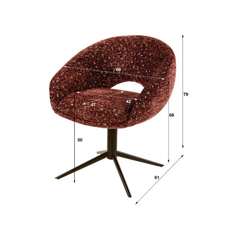 BelaLuz Retro vintage eetkamerstoel Ravello Delviro bordeaux rood bruin onderstel draaibaar