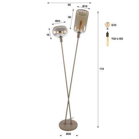 BelaLuz Moderne design vloerlamp Iselle 2-lichts beige licht amber glas