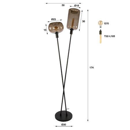 BelaLuz Moderne hotel chique vloerlamp Iselle 2-lichts Sienna brown