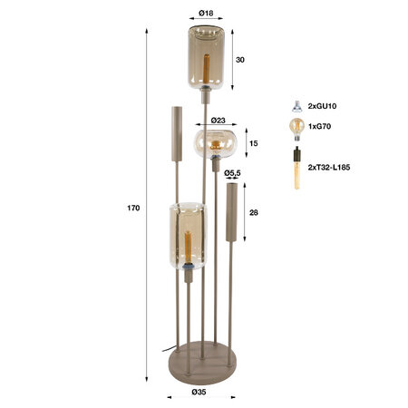 BelaLuz Moderne design vloerlamp Iselle Switch 5-lichts getrapt beige