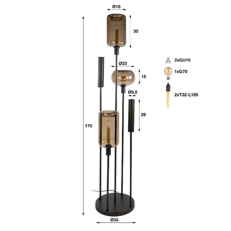 BelaLuz Modern hotel chique vloerlamp Iselle Switch 5-lichts getrapt Sienna bruin