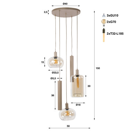 BelaLuz Moderne hanglamp Iselle 5-lichts getrapt beige licht amber glas