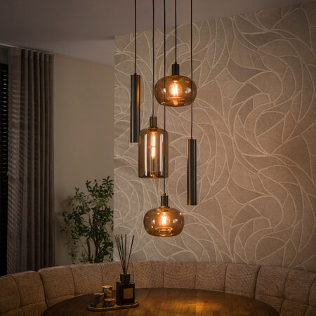 BelaLuz Moderne hotel chique hanglamp Iselle 5-lichts getrapt Sienna bruin smoke glas