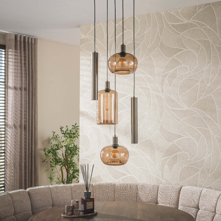 BelaLuz Moderne hotel chique hanglamp Iselle 5-lichts getrapt Sienna bruin smoke glas